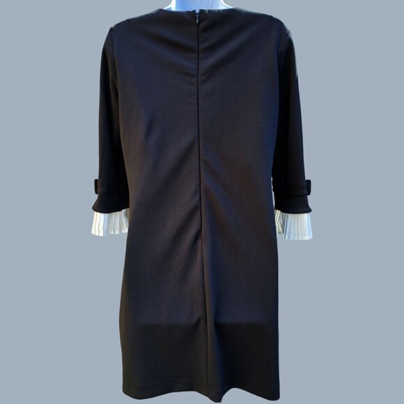 Sharagano Women Black Long Sleeve White Ruffled Pleated Cuffs ZipUp Dress Size 4 - Picture 6 of 13